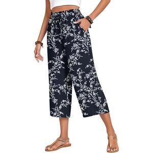 Anyhold Women's Navy Blue‎ Wide Leg Floral Capri Drawstring Lounge Pants XL